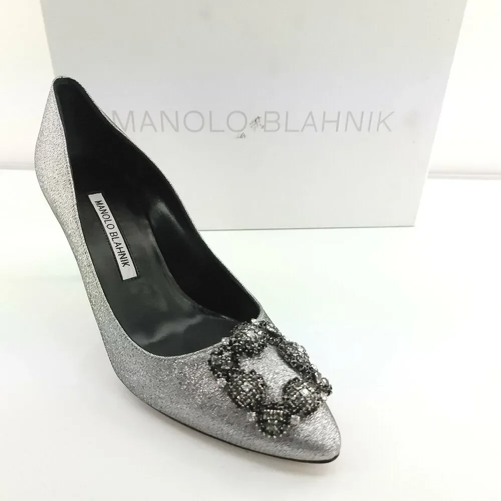 Manolo Blahnik Metallic Silver Hangisi 80 mm Notturno SZ 38 Pointy Glitter $1085